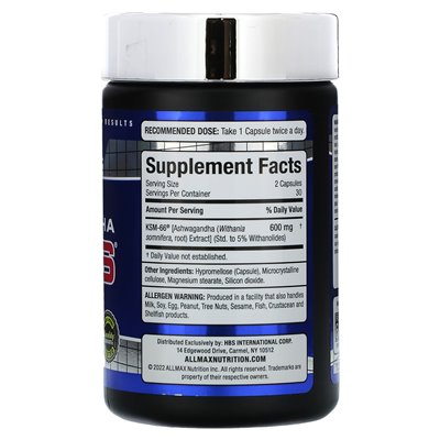 Allmax, Essentials, Ashwagandha KSM-66, 600 mg, 60 czapek warzywnych (300 mg na kapsułkę)