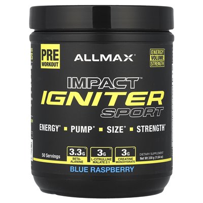 Allmax, Impact ™ Igniter Sport, przed treningiem, Blue Raspberry, 11,64 uncji (330 g)