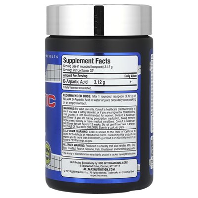 Allmax, kwas d-asparaginowy, 3,12 g, 3,53 uncji (100 g)