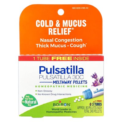 Boiron, Pulsatilla, Cold & Mucus Relief, Meltaway Pellets, 30C, 3 Tubes, 80 Pellets Each Boiron, Pulsatilla, Cold & Mucus Relief, Meltaway Pellets, 30C, 3 Tubes, 80 Pellets Each