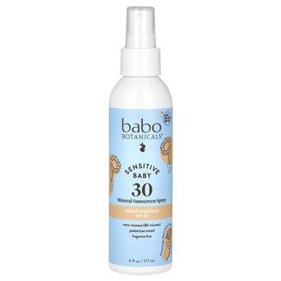 Babo Botanicals, wrażliwe dziecko, spray do filmu przeciwsłonecznego mineralnego, SPF 30, bez zapachu, 6 fl oz (177 ml) Babo Botanicals, wrażliwe dziecko, spray do filmu przeciwsłonecznego mineralnego, SPF 30, bez zapachu, 6 fl oz (177 ml)