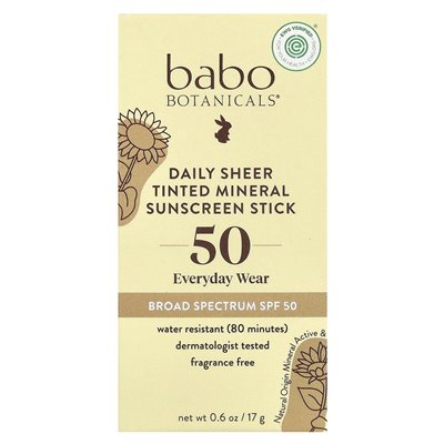 Babo Botanicals, Daily Sheer Dwiected Mineral Suncreen Stick, SPF 50, bez zapachu, 0,6 uncji (17 g)