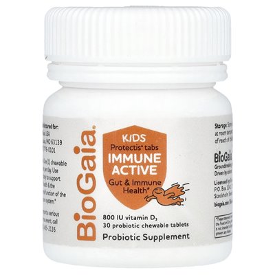 Biogaia, Protectis Kids, Active Active, Smaczne pomarańczowe, 30 probletnych tabletek do żucia probiotycznego