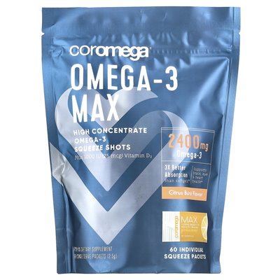 Coromega, Omega-3 Max, ujęcia o wysokim koncentratie, seria cytrusowa, 60 pojedynczych opakowań ściskających, 2,5 g Coromega, Omega-3 Max, ujęcia o wysokim koncentratie, seria cytrusowa, 60 pojedynczych opakowań ściskających, 2,5 g