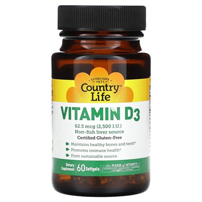 Country Life, Vitamin D3, 62.5 mcg (2500 IU), 60 soft