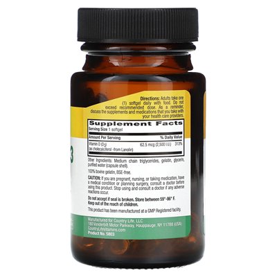Country Life, Vitamin D3, 62.5 mcg (2500 IU), 60 soft
