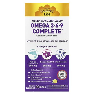 Życie country, ultra skoncentrowana Omega 3-6-9 kompletna, naturalna cytryna, 90 softgels Życie country, ultra skoncentrowana Omega 3-6-9 kompletna, naturalna cytryna, 90 softgels