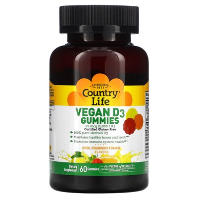 Country Life, Vegan D3 Gummies, Lemon, Strawberry &amp Orange Smą