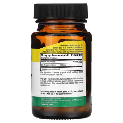 Country Life, NAC, N-Acetylcystein, 750 mg, 30 vegane Kapseln