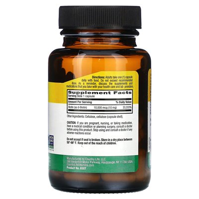 Country Life, hochwirksames Biotin, 10 mg, 60 vegane Kapseln