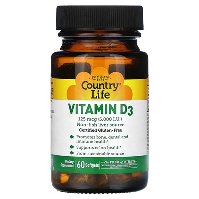 Country Life, Witamina D3, 125 mikrogramów (5,000 IU), 60 Softgels Country Life, Witamina D3, 125 mikrogramów (5,000 IU), 60 Softgels