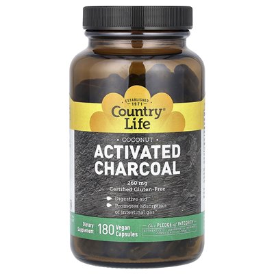 Country Life, Activated Charcoal, Coconut, 520 mg, 180 vegan capsules (260 mg per capsule)