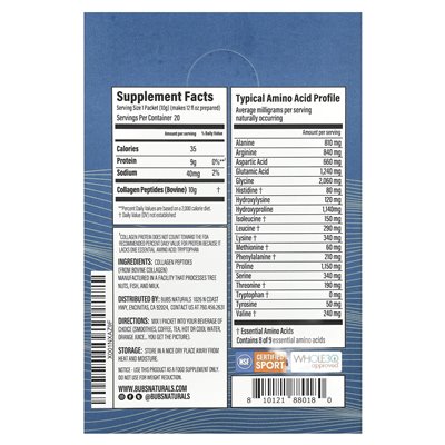 Bubs Naturals, peptydy kolagenowe, niezmienione, 20 pakietów, 0,35 uncji (10 g) każdy
