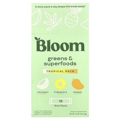 Bloom, Greens &amp Superfoods, Tropical Pack, 18 paczek, 3,6 uncji (102,36 g)