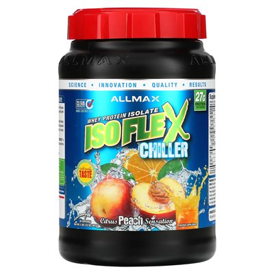 Allmax, chłodnica ISOFLEX®, izolat białka serwatkowego, odczucie brzoskwini cytrusowych, 2 funty (907 g) Allmax, chłodnica ISOFLEX®, izolat białka serwatkowego, odczucie brzoskwini cytrusowych, 2 funty (907 g)