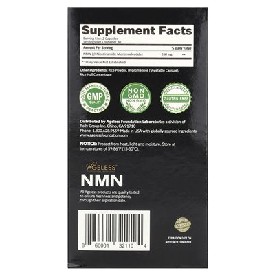 Ageless Foundation Laboratories, NMN, NAD-Vorläuferpräparat, 60 Kapseln