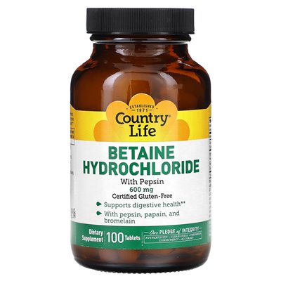 Country Life, Betainhydrochlorid mit Pepsin, 600 mg, 100 Tabletten