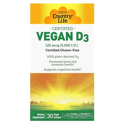 Country Life, Certified Vegan D3, 125 MCG (5000 IU), 30 vegan softgels