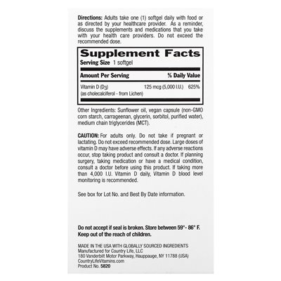 Country Life, Certified Vegan D3, 125 MCG (5000 IU), 30 vegan softgels