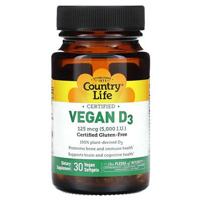 Country Life, Certified Vegan D3, 125 MCG (5000 IU), 30 vegan softgels