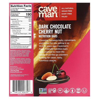 Caveman Foods, Bating Bat, Dark Chocolate Cherry Nut, 12 bars, 1.41 oz (40 g) each