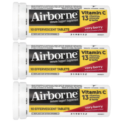 Airborne, suplement wsparcia immunologicznego, bardzo jagoda, 3 rurki, 10 musujących tabletki