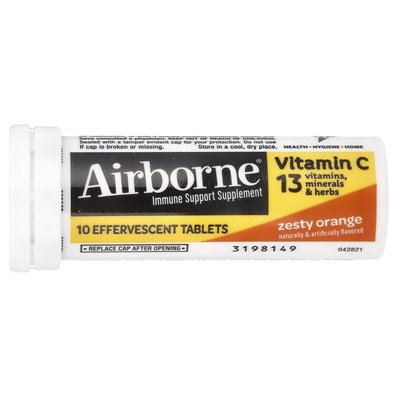 Airborne, suplement wsparcia immunologicznego, pomarańczowa zapał, 10 musujących tabletek