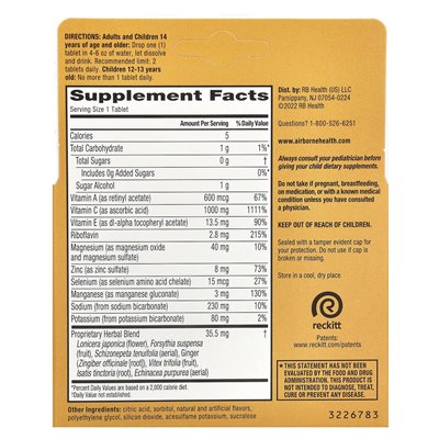 Airborne Immune Support Supplement Orange Zeal 2 Tubes 10 Effervescent Tablets Each