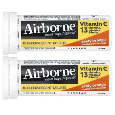 Airborne Immune Support Supplement Orange Zeal 2 Tubes 10 Effervescent Tablets Each