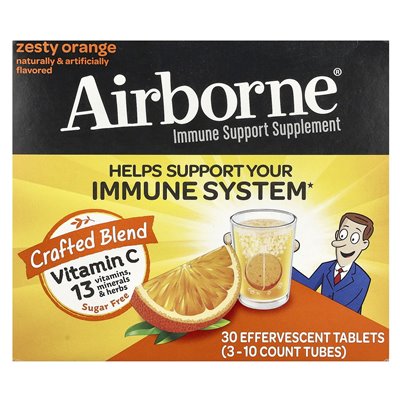 Airborne, suplement wsparcia immunologicznego, pomarańczowa zapał, 3 rurki, 10 musujących tabletki każde