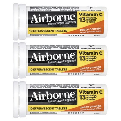 Airborne, suplement wsparcia immunologicznego, pomarańczowa zapał, 3 rurki, 10 musujących tabletki każde
