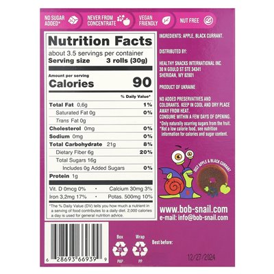 Bob Snail, Fruchtrollen, Apfel-Johannisbeere, 10 Beutel, je 10 g