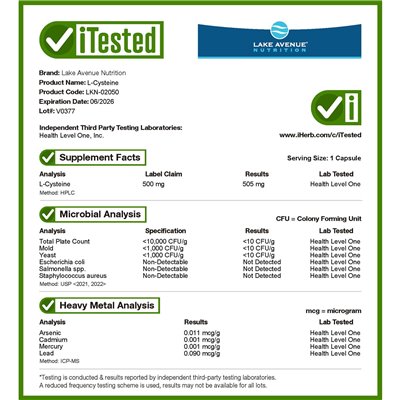 Lake Avenue Nutrition, L-Cysteine, 500 mg, 90 kapsułek warzywnych Lake Avenue Nutrition, L-Cysteine, 500 mg, 90 kapsułek warzywnych