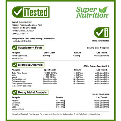 Super Nutrition, Alpha Lipoic Acid, 600 mg, 60 kapsułek wegetariańskich