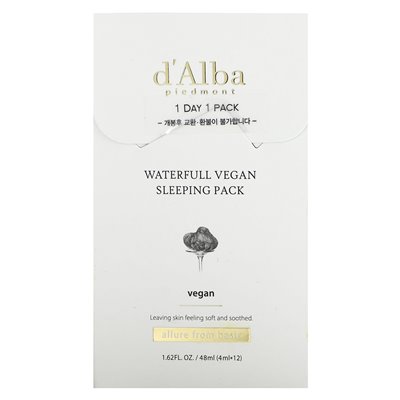 D'BA, Waterfull Vegan Sleeping Pack, 12 Beutel, 0,13 fl oz (4 ml)