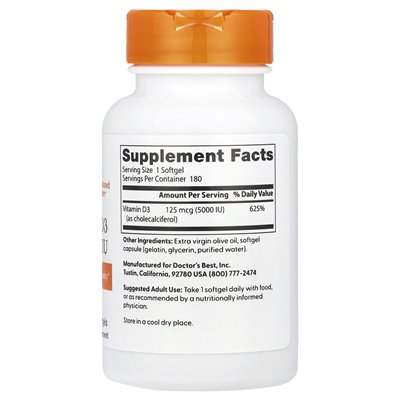 Doktor's Best, Vitamin D3, 125 MCG (5000 IU), 180 softgels