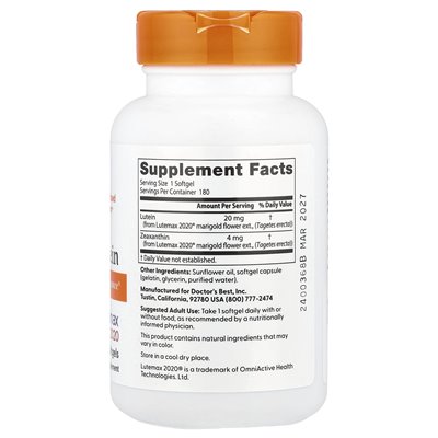 Doctor's Best, Lutein, LuTEMAX 2020, 20 mg, 180 softgels