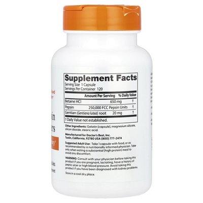 Doktor's Best, Betaine Hcl Pepsin & Gentian Bitters, 120 kapsułek Doktor's Best, Betaine Hcl Pepsin & Gentian Bitters, 120 kapsułek
