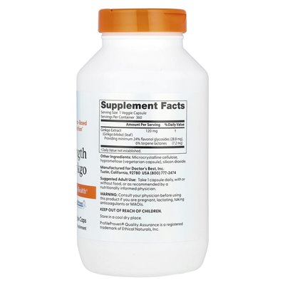 Doktor's Best, Extra Strength Ginkgo, 120 mg, 360 czapek wegetariańskich
