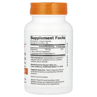 Bestes hochabsorbierbares Magnesium, 105 mg, 120 vegetarische Kapseln (52,5 mg pro Kapsel)