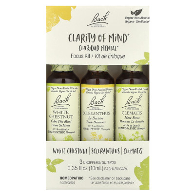 Bach, oryginalne środki zaradcze kwiatów, zestaw fokusowy, klarowność umysłu, 3 droppery, 0,35 fl oz (10 ml)