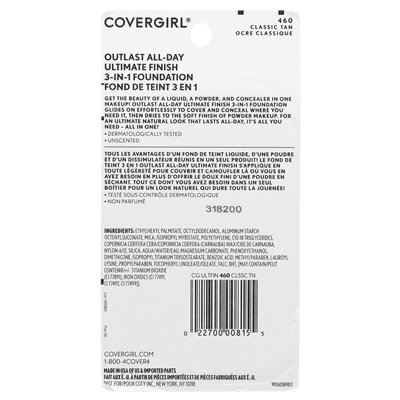 Covergirl, Outlast All-Day, Ultimate finans 3-in-1 Foundation, 460 Classic Tan, 0,4 uncji (11 g)