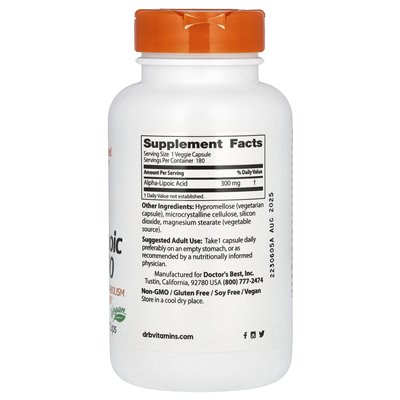 Doctor's Best, Alpha Lipoic Acid 300, 300 mg, 180 Vegetarian Caps