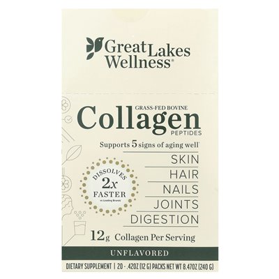 Wellness Great Lakes, peptydy kolagenowe, bydlęcy karmione trawą, bez skamielki, 20 opakowań, 0,42 uncji (12 g) każdy