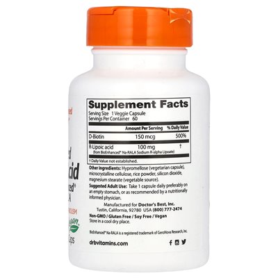 The best, stabilized R-lipoic acid from bioenhanced Na-rala, 100 mg, 60 vegetarian caps