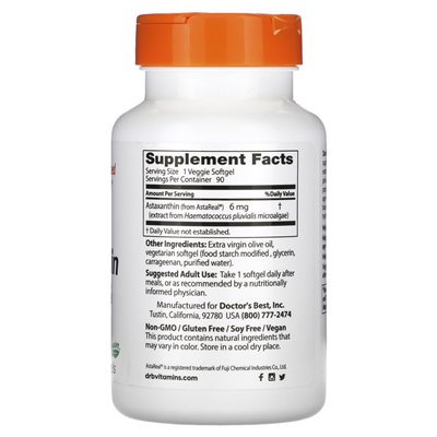 Doctor's Best, Astaxanthin mit Astareal, 6 mg, 90 weiche Gemüse