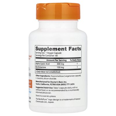 Doktor's Best, Benfotiamine 150 + ALPHA-lipoin kwas 300, 60 warzyków Doktor's Best, Benfotiamine 150 + ALPHA-lipoin kwas 300, 60 warzyków