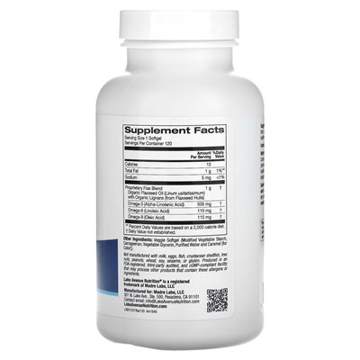 Lake Avenue Nutrition, na zimno olej lniany z lignanami, 120 warzyw miękkich