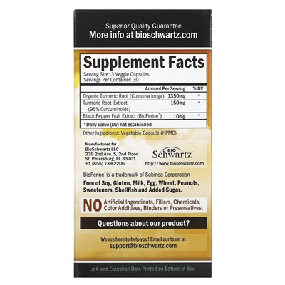 Bioschwartz, kurkumina kurkumina z bioperiną, 1500 mg, 90 kapsułek (500 mg na kapsułkę)