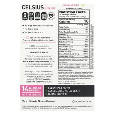 Celsjusz, Live Fit, Dragonfruit Lime, 14 opakowań na gie, 0,2 uncji (5,74 g)